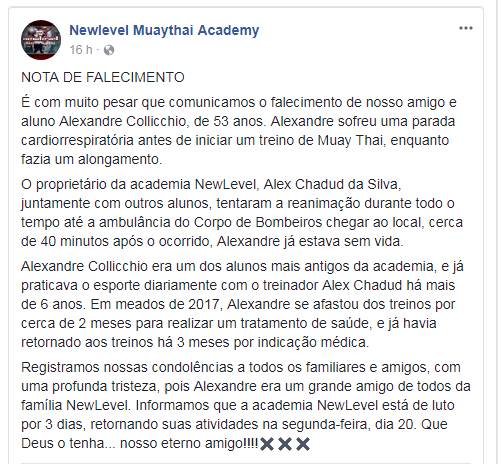 Academia divulgou nota sobre o ocorrido | Foto: Reprodução/ Facebook