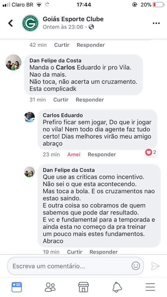'Prefiro ficar sem jogar do que ir jogar no Vila Nova', escreve perfil de Carlos sobre ir para o Vila | Foto: Reprodução/ Facebook