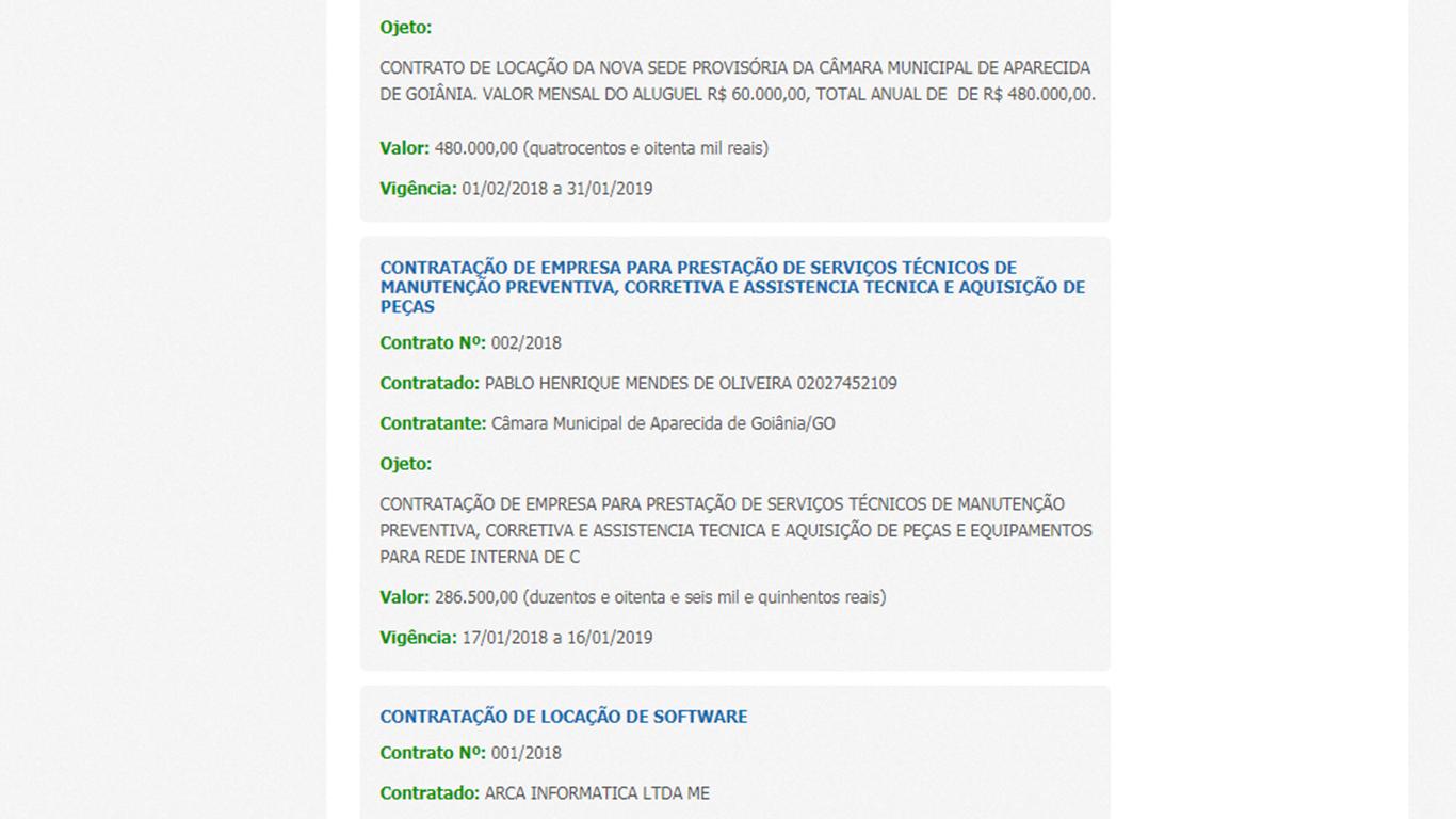 Exemplo de contrato sem especificação presente no site da Câmara de Aparecida de Goiânia | Foto: Reprodução/ Portal da Transparência