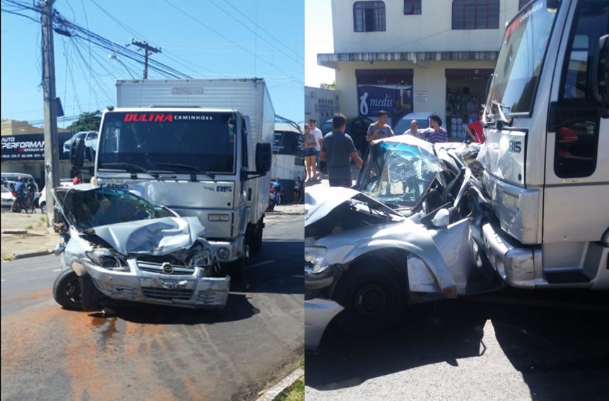 Caminhão desgovernado destruiu Celta que estava estacionado em frente a uma oficina | Foto: Leitor/Whatsapp