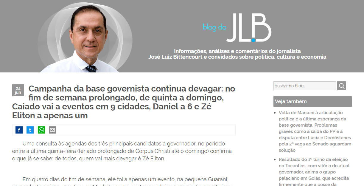 Postagem no blog do jornalista e ex-presidente da Agência Goiana de Comunicação (Agecom) José Luiz Bittencourt Filho | Foto: Reprodução