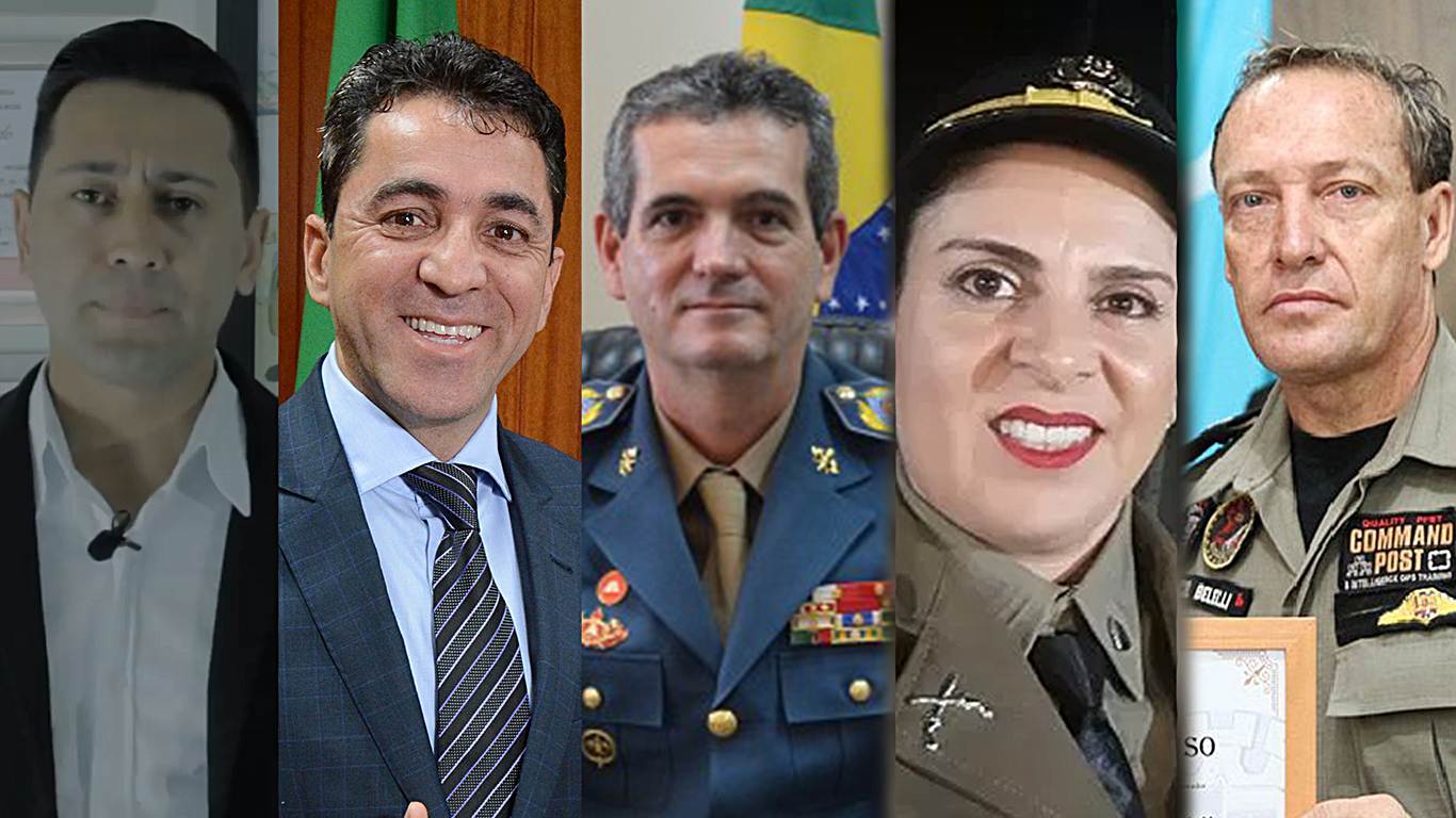 Confira quem são os candidatos militares a cargos eletivos em Goiás. Na imagem, Cabo Glaciel, Cabo Senna, Comandante Helbinger, Sargento Denise e Tenente-coronel Carlos Belelli | Foto: Reprodução
