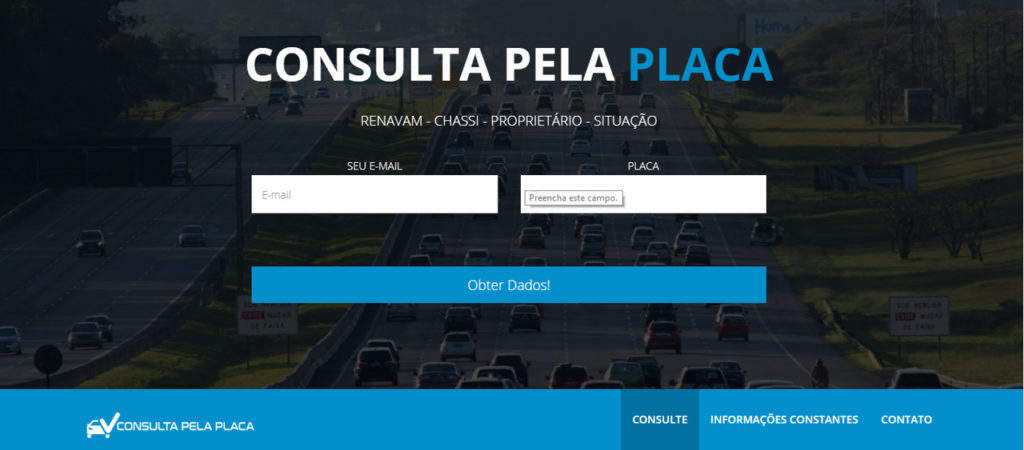 Página inicial do site. Além da consulta de multas pela placa do carro, também é possível consultar outros detalhes