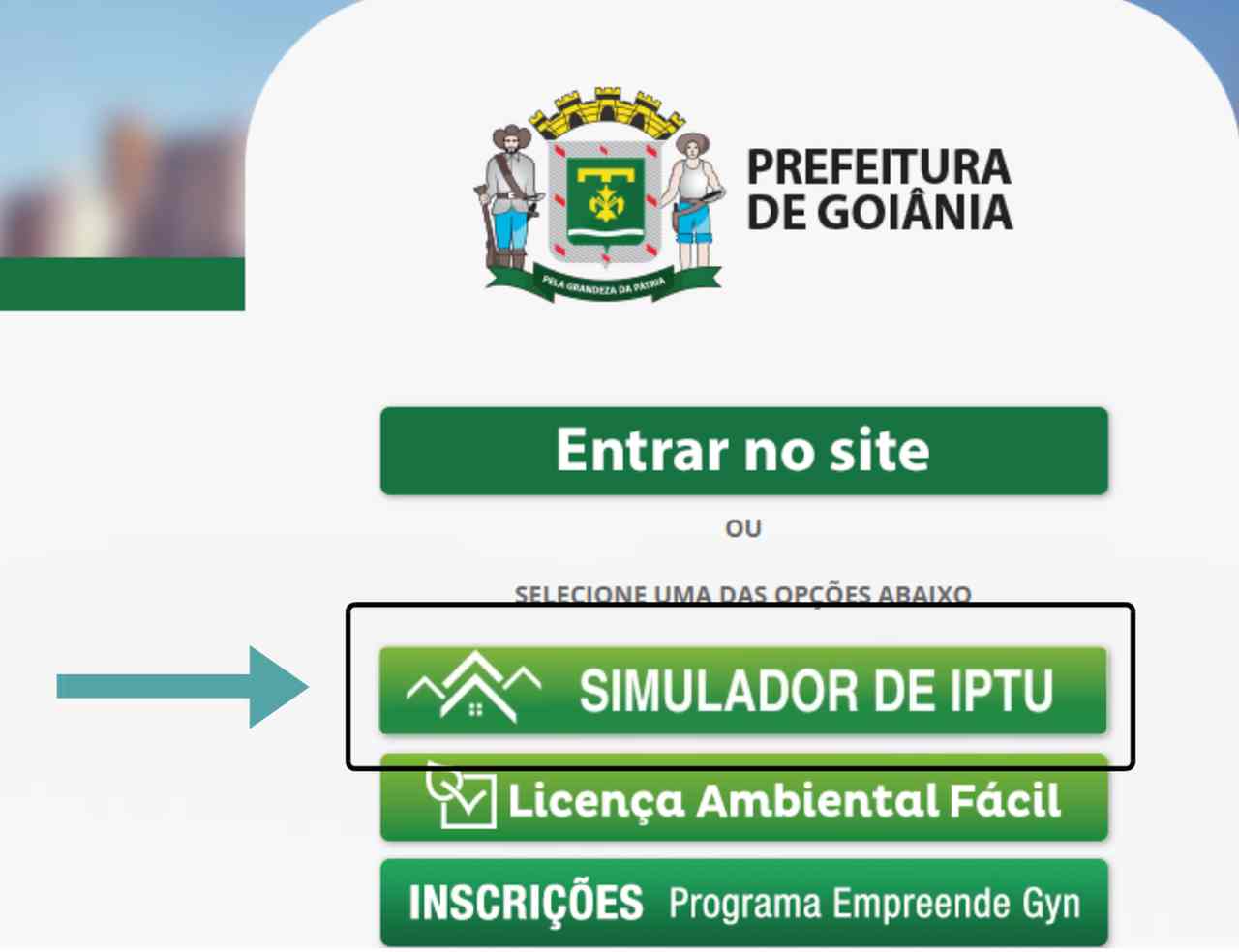 Na home do site, o morador deve clicar onde a seta da imagem está indicando | Foto: montagem