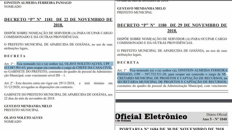 Nomeações de Einstein Paniago e Olavo Noleto foram publicadas na edição desta segunda-feira, 3, do Diário Oficial de Aparecida de Goiânia | Foto: Reprodução