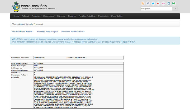 Consulta a processo no site do Tribunal de Justiça de Goiás dá detalhes sobre prisão em flagrante de diretor da Câmara investigado por grampo telefônico | Foto: Reprodução / TJGO