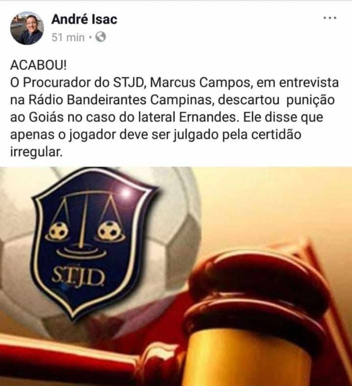 André Isac, por meio de rede social, informa que o Goiás não será julgado no caso Ernandes | Foto: reprodução