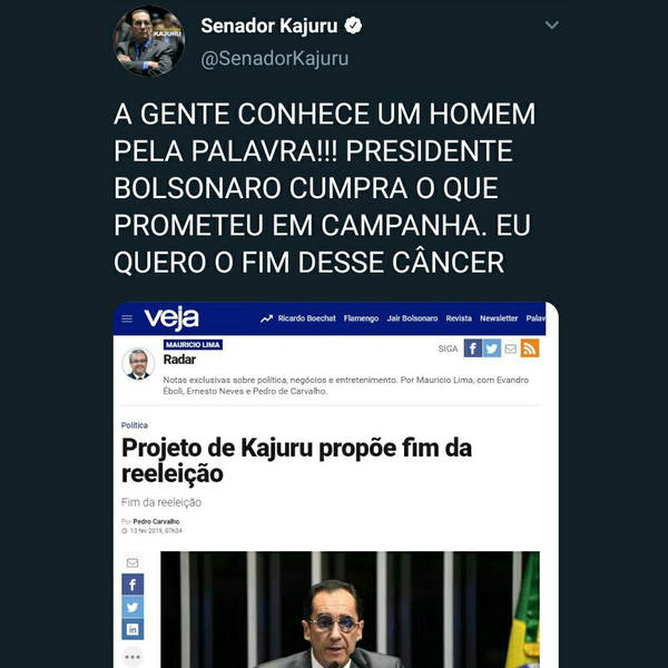 Por meio do Twitter, Kajuru convoca presidente Bolsonaro a não tentar reeleição | Foto: Reprodução