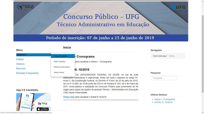Inscrições serão realizadas por meio do site do Centro de Seleção da UFG | Foto: Reprodução