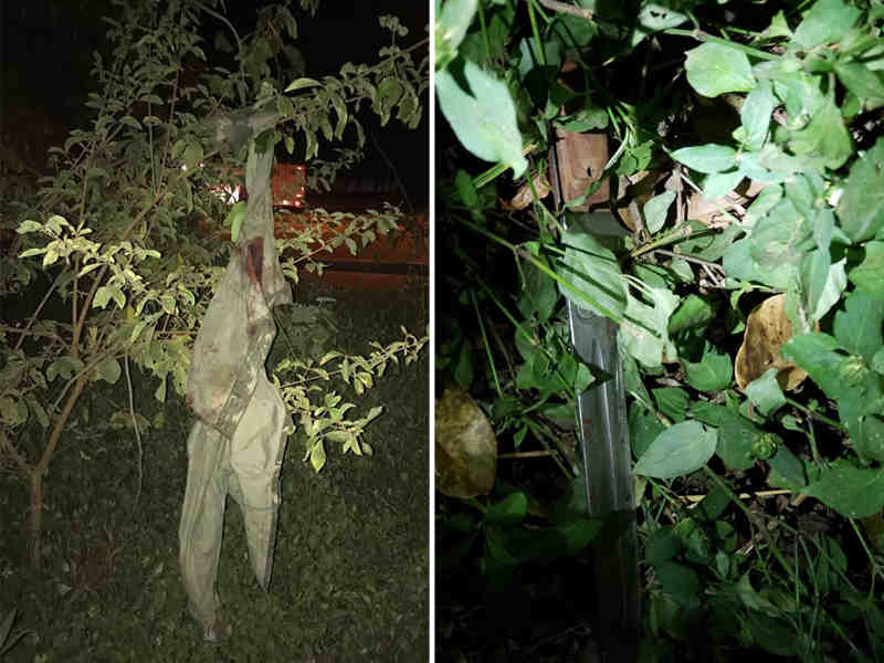 Jaqueta suja de sangue e faca foram encontradas após buscas em uma mata próxima ao local do crime | Foto: Divulgação / PM