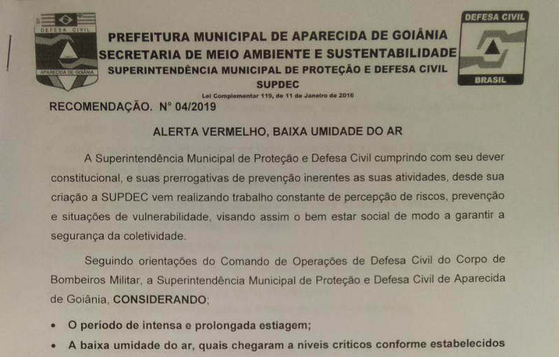 Recomendação da Defesa Civil de Aparecida alerta para perigos do tempo seco | Foto: Reprodução