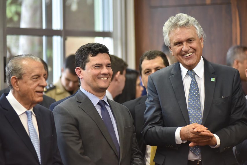 Governador Ronaldo Caiado e prefeito Iris Rezende receberam o ministro Sérgio Moro na manhã desta segunda-feira, 23, em Goiânia | Foto: Divulgação / Governo de Goiás