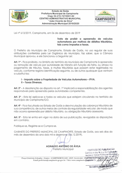 Lei em Campinorte (GO) declarou proibida a apreensão de veículos cujos documentos estejam atrasados | Foto: Reprodução