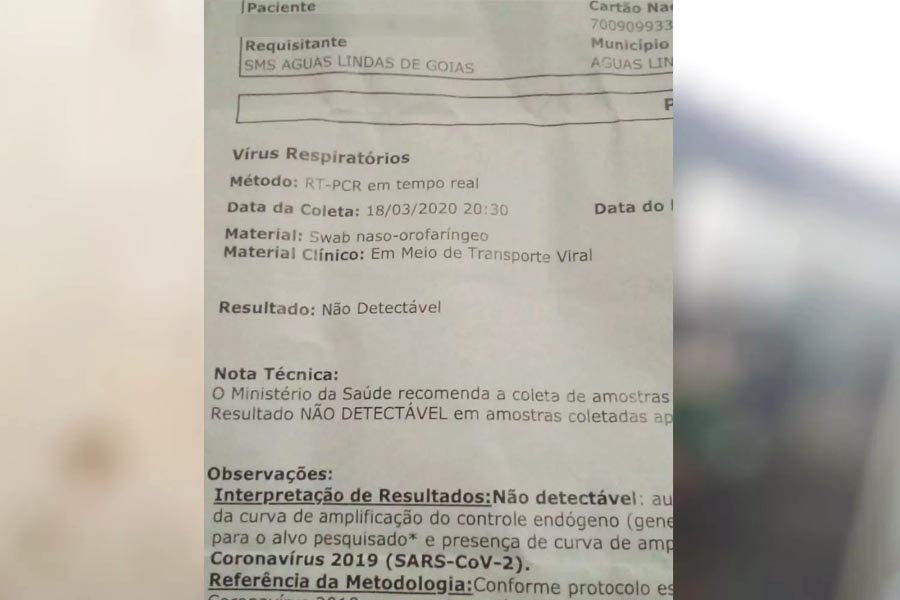 Exame realizado no HDT, em Goiânia, resultou negativo para coronavírus | Foto: Reprodução