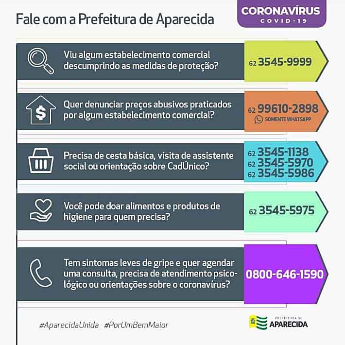 Números de telefones importantes na crise do coronavírus divulgados pela Prefeitura de Aparecida | Foto: Divulgação