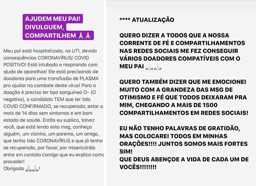 Família fez campanha bem sucedida em busca de plasma de doadores já curados da covid-19 | Foto: Reprodução