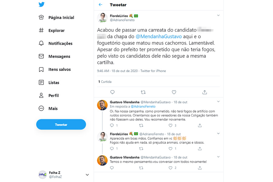Internauta cobra de Gustavo promessa de não usar fogos barulhentos | Foto: Reprodução/Twitter
